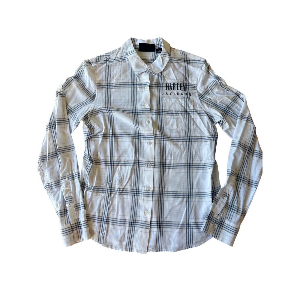 Harley Davidson Womens Button Down Shirt Plaid Top Motorclothes White Blue‎ M